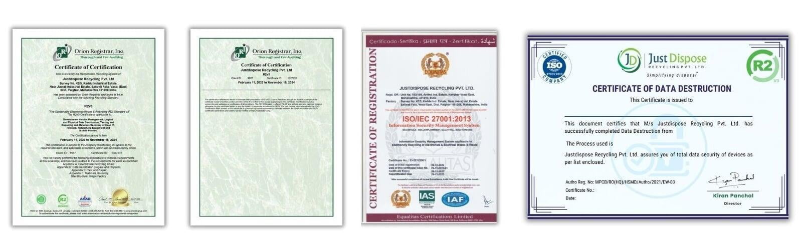 Certifications: R2v3, ISO 27001:2013, Environmental & Data Protection Compliance, Business Licenses. Demonstrating our commitment.